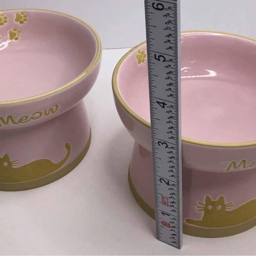 2 Signature Meow Stoneware Cat Body Pet Elevated Bowls Dishes Combo New
